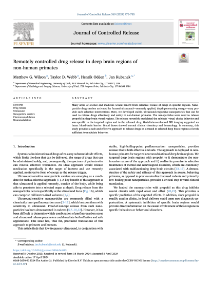 Remotely controlled drug release in deep brain regions of
non-human primates.